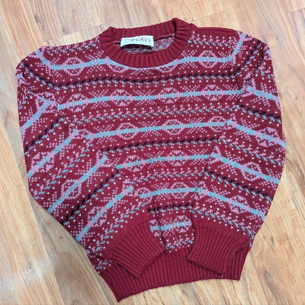 Vintage Valentine's Day Sweater Heart XOXO Knit Women's Small Red Pink‎ White